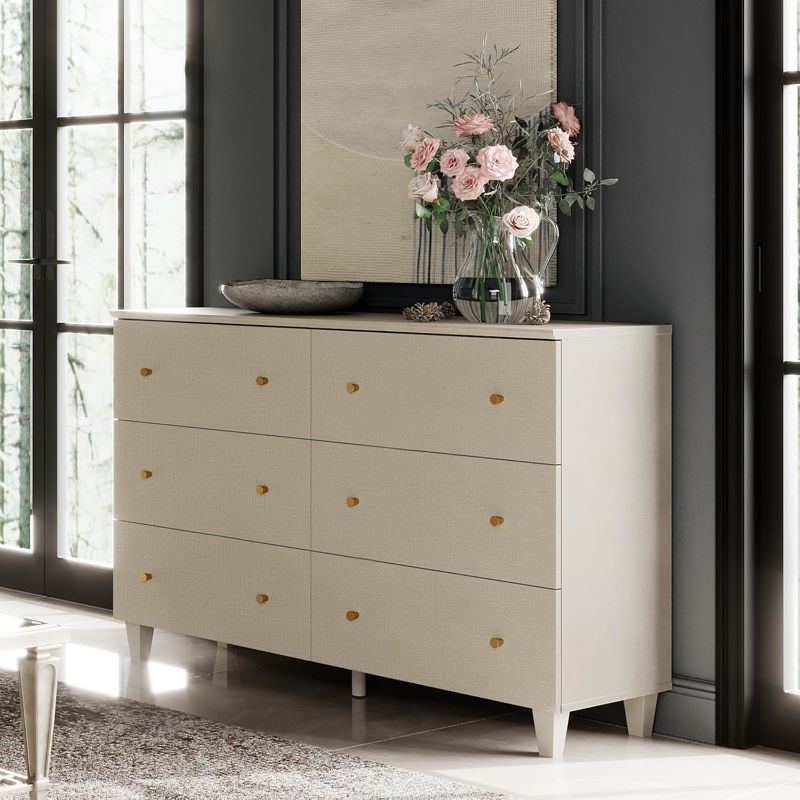 Photo 1 of 6 Drawer Double Dresser for Bedroom, Wide Chest of Drawers Dressers, Modern Beige Wood Closet Storage Organizer with Gold Handles & Solid Wood Feet for Living Room, Hallway