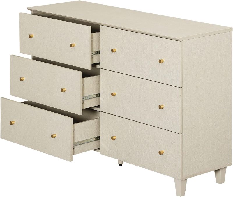 Photo 1 of 6 Drawer Double Dresser for Bedroom, Wide Chest of Drawers Dressers, Modern Beige Wood Closet Storage Organizer with Gold Handles & Solid Wood Feet for Living Room, Hallway