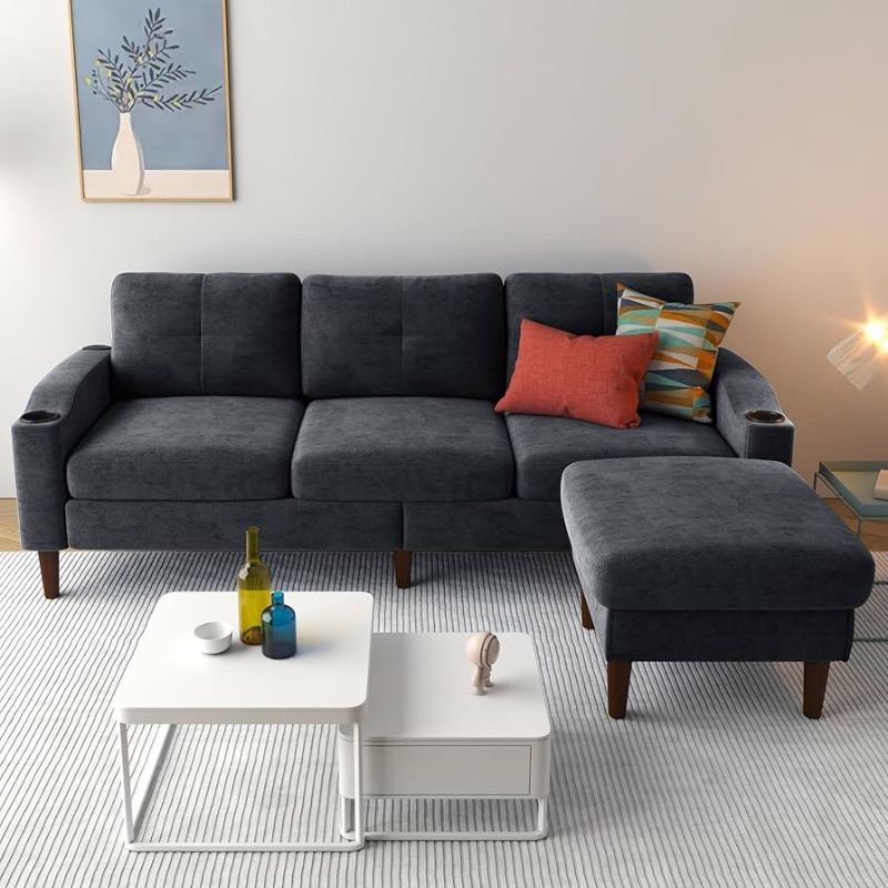 Photo 1 of  Couches for Living Room with Ottoman, 78" Sectional Sofas with Storage, Comfy Sectional Couch for Small Spaces, USB Port, Cup Holder and Side Pockets (Dark Grey)