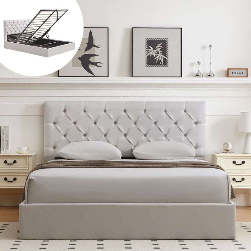 Photo 1 of ****PARTS ONLY, BOX 1 OF 2****Queen Size Lift-Up Storage Bed, Light Gray Linen Upholstered Platform Frame with Hydraulic Storage and Button-Tufted Headboard, Space