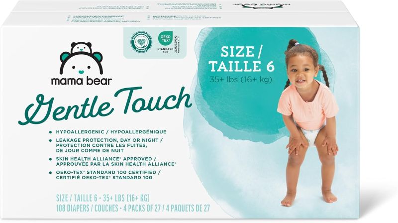 Photo 1 of 
Amazon Brand - Mama Bear Gentle Touch Diapers, Hypoallergenic, Size 2, 108 Count (4 packs of 27), White