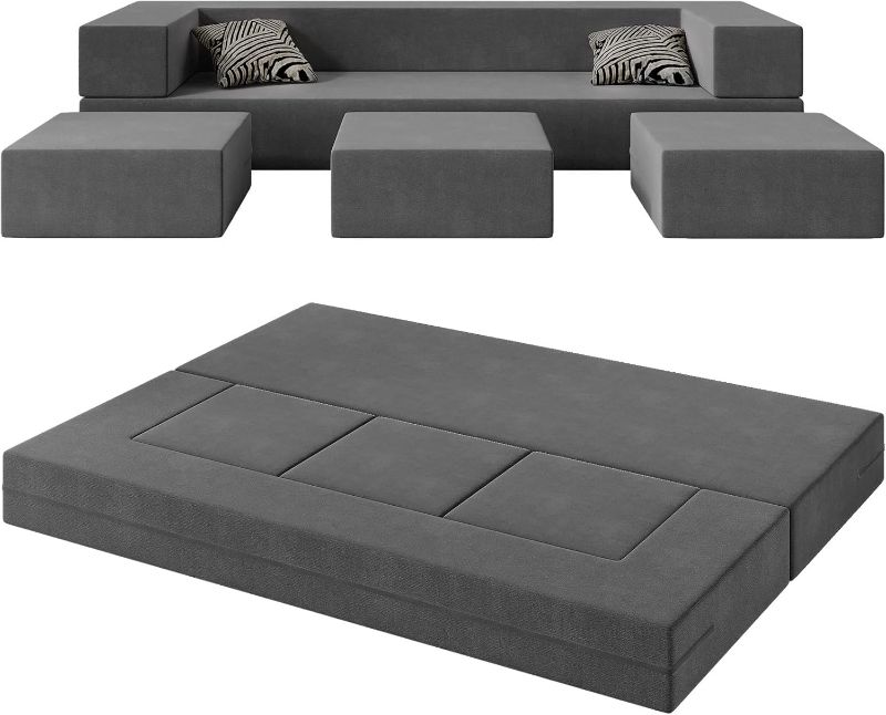 Photo 1 of 80'' Folding Bed Couch, Foam Floor Sofa with 3Ottomans& Washable Velvet Cover,Modular Sectional Sofa Futon Sleeper Convertible Memory Mattress for Guest/Living Room/Playroom,Queen,Deep Grey