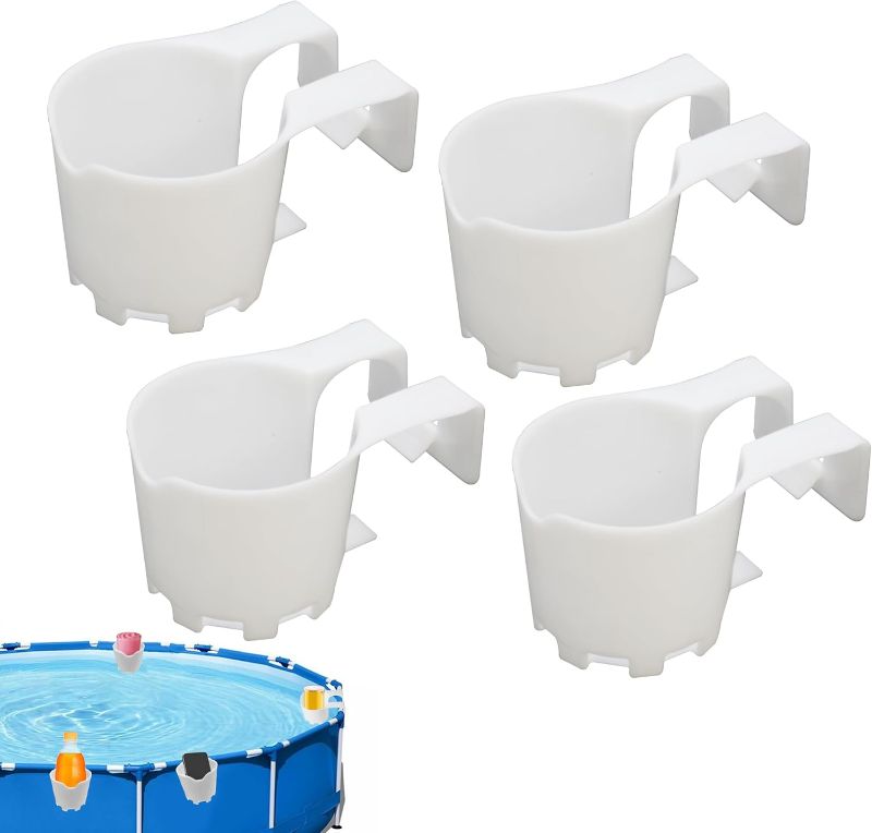 Photo 1 of 4 Pack Poolside Cup Holder above Ground Pool Drink Holder No Spill Drink Holder Pool Phone Holder 2 Inch or Less Round Top Bar Pool Accessories Pool Cup Holder for Drinks (White)
