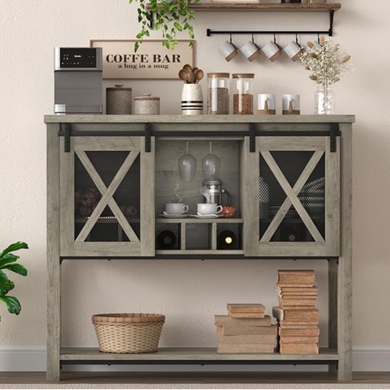 Photo 1 of ***CORNER MASSIVELY DAMAGED, FOR PARTS*** GAOMON Coffee Bar Cabinet, Farmhouse Sideboard Buffet Cabinet with Sliding Barn Doors, Wine Racks, Open Storage Shelf, for Kitchen, Dining Room, Entryway, Gray