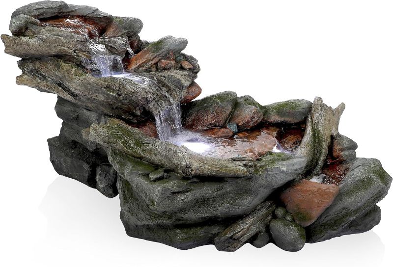 Photo 1 of 60 in. Long Outdoor 3-Tier Rainforest Rock River Water Fountain with LED Lights