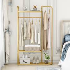 Photo 1 of MAIKAILUN Gold Clothing Rack,Modern Industrial Clothes Rack for hanging Clothes with Top Rod and 3-Tier Shelves, Multi-functional Heavy Duty Garment Rack Cloest Organizer Coat Rack for Boutique
