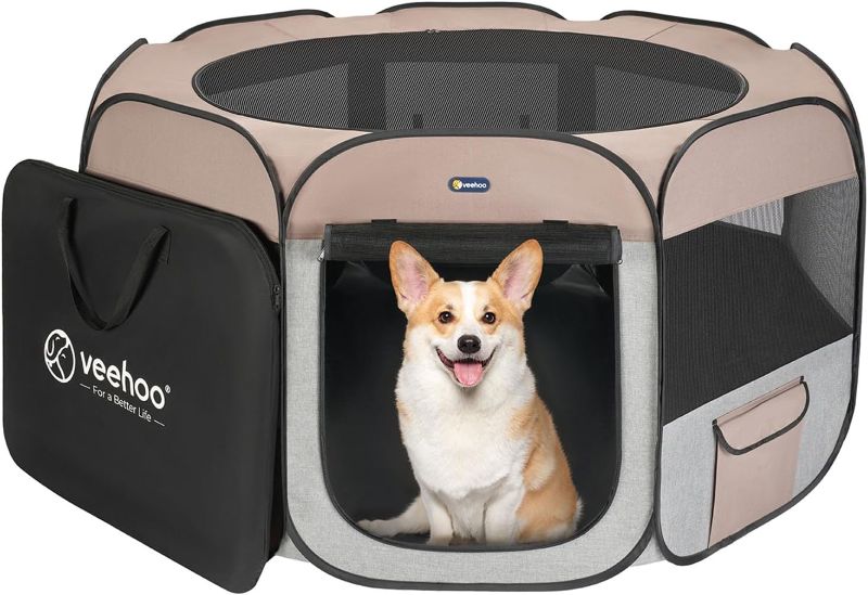 Photo 1 of Veehoo Portable Dog Playpen - Large Dog Playpen Indoor/Outdoor with Removable Zipper Top, Foldable Dog Play Pen Pet Playpen with Carrying Case, Grey
