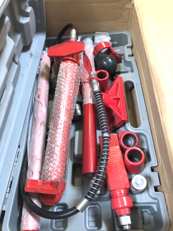 Photo 2 of Mophorn 10 Ton Porta Power Kit 1.4M (55.1 inch) Oil Hose Hydraulic Car Jack Ram Autobody Frame Repair Power Tools for Loadhandler Truck Bed Unloader Farm and Hydraulic Equipment Construction (USED,  MINOR DAMAGE TO CASE, UNABLE TO TEST, USED)