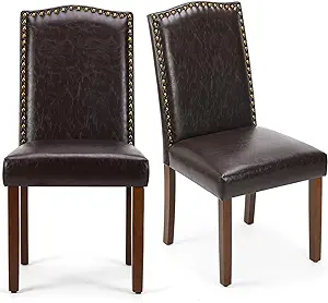 Photo 4 of MCQ Upholstered Dining Chairs Set of 2, Modern Upholstered Leather Dining Room Chair with Nailhead Trim and Wood Legs, Mid-Century Accent Dinner Chair for Living Room, Kitchen, Dark Brown Set of 2 Dark Brown