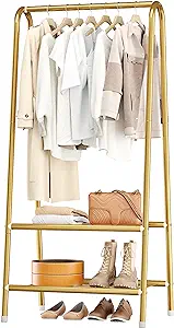 Photo 1 of JOISCOPE Portable Metal Clothes Rack, Heavy Duty Sturdy Metal Clothing Coat Rail with Double Layer Shelf for Storing Clothes, Shoes, Suitable for Bedroom, Office, Living Room (GOLD)