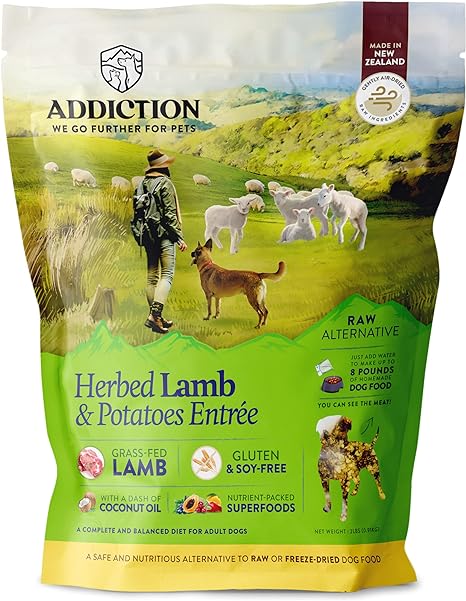 Photo 1 of Addiction Herbed Lamb & Potatoes Raw Alternative Dog Food - Gently Air-Dried Complete Meal or Dog Food Topper for Digestive and Skin and Coat Health, 2 lb
EXP JULY 28 2024