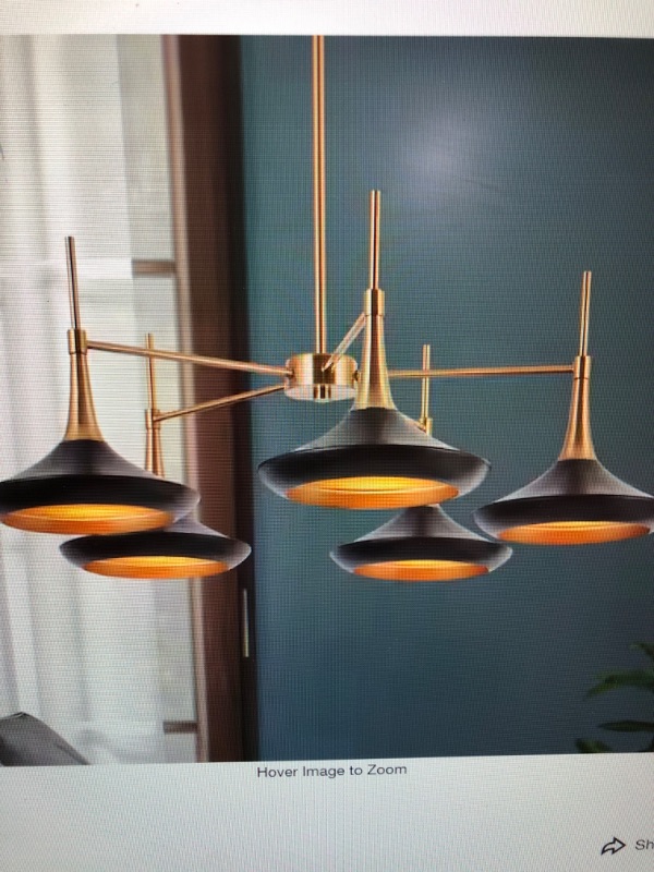Photo 1 of Contemporary Black Mid Century Chandelier with Metal Barn Shades Plating Brass/Gold Accent 5-Light Modern Large Pendant
