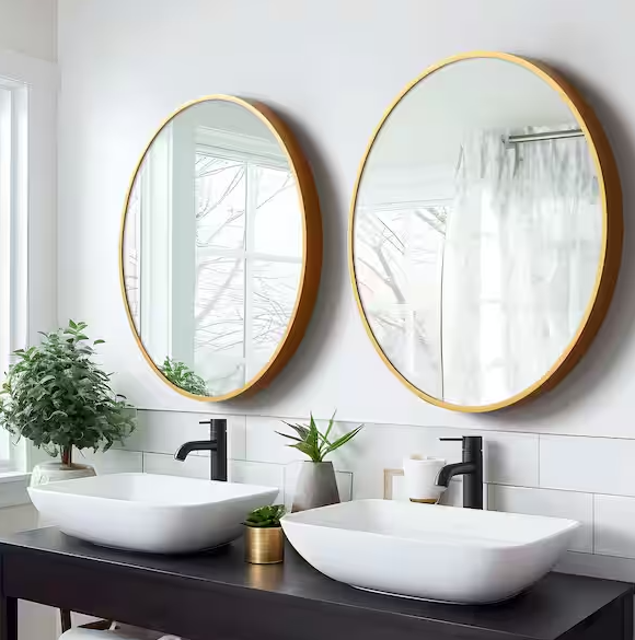 Photo 1 of 28 in. W x 28 in. H Round Aluminum Alloy Framed Bathroom Vanity Mirror Gold Wall Mirror 2-Pcs

