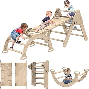 Photo 1 of Toddler Climbing Toys Indoor, Foldable Climbing Toys for Toddlers, Montessori Climbing Set with Triangle Climber, Arch Ramp, Rock Climber, Slide, Rocker, Wooden Montessori Toys for Toddlers