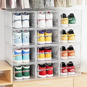 Photo 1 of Delamu Large & Sturdy Clear Shoe Storage Organizer, Stackable Shoe Storage Boxes for Closet, Foldable Space-saving Storage Bins for Sneaker Boot Container, Thicken Shoe Case for Display, 12Pack, White 12 Pack White Clear