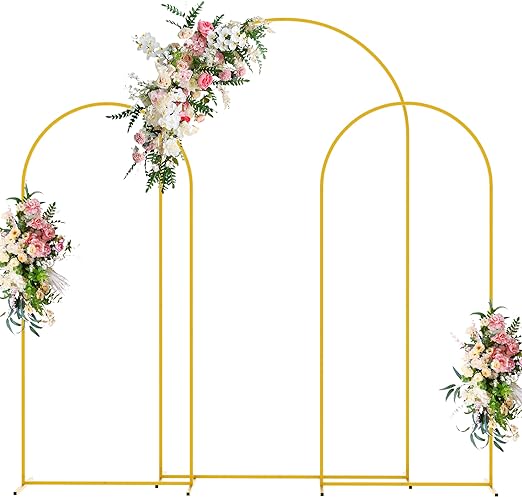 Photo 1 of Wokceer Wedding Arch Backdrop Stand (7.2FT,6FT,6FT) Set of 3 Gold Metal Wedding Arch Stand for Birthday Party Wedding Ceremony Baby Shower Garden Balloon Arch Decoration
