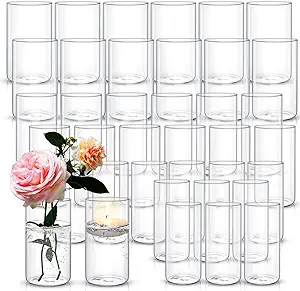 Photo 1 of 36 Pcs Glass Cylinder Vases for Wedding Centerpieces Multiple Size Clear Vases Hurricane Floating Candle Holders Flower Plant Pillar Vases for Christmas Table Home Decorations (6 Inch Tall)

