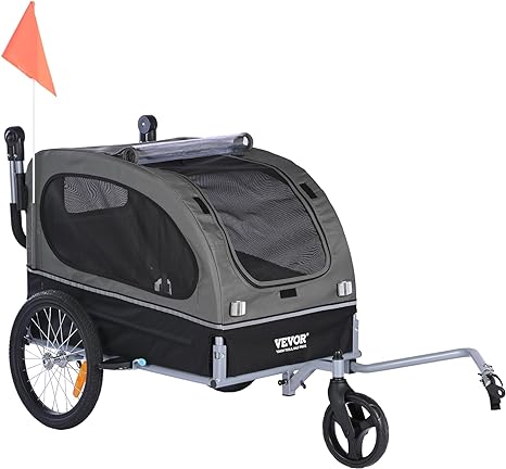 Photo 1 of VEVOR Dog Bike Trailer, Supports up to 88 lbs, 2-in-1 Pet Stroller Cart Bicycle Carrier, Easy Folding Cart Frame with Quick Release Wheels, Universal Bicycle Coupler, Reflectors, Flag, Black/Gray
