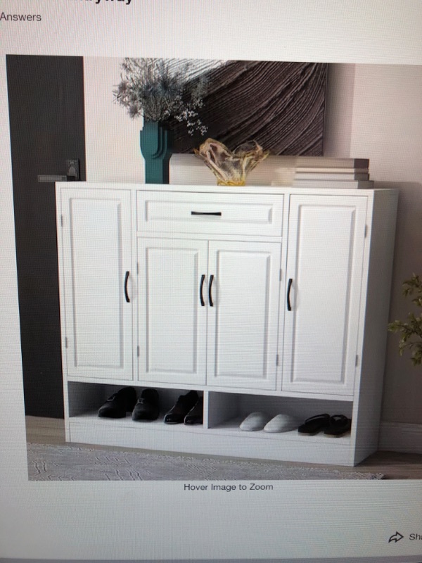 Photo 1 of 47.2 in. H x 39.4 in. W White Wood 4-Door Shoe Storage Cabinet with Drawer and Open Shelf, Shoe Cabinet for Entryway
