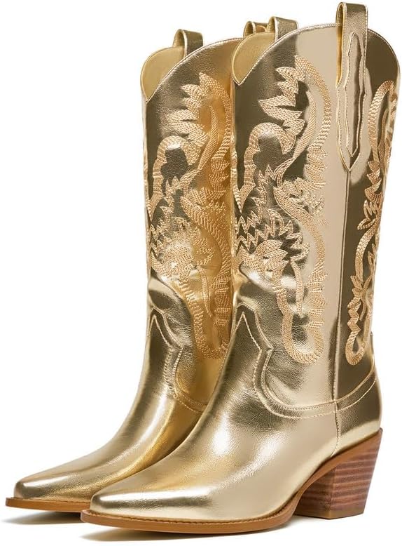 Photo 1 of Women's Metallic Cowboy Boots Mid Calf Cowgirl Boots with Shiny Embroiderdy Pointed Toe Stacked Chunky Heel Pull On Tabs Sparkly Wide Western Boots for Party Wedding Concert
7