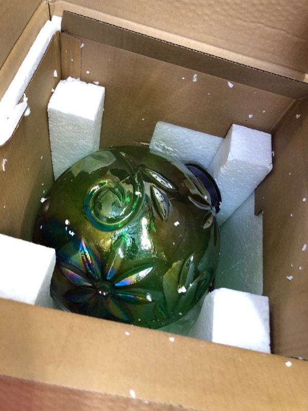 Photo 2 of Alpine Corporation 13" Tall Indoor/Outdoor Pearlized Green Glass LED Gazing Globe with Stand Pearlized Green w/ Light & Stand