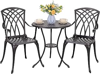 Photo 1 of NUU GARDEN Patio Bistro Sets 3 Piece Cast Aluminum Bistro Table and Chairs Set with Umbrella Hole Bistro Set of 2 for Patio Backyard, Black https://a.co/d/0XmzxbJ
