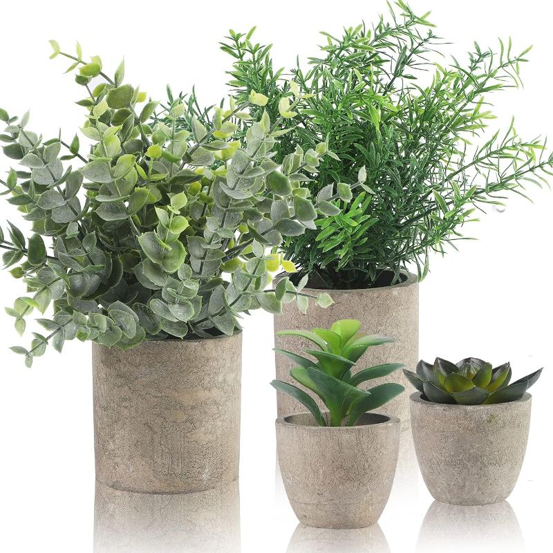 Photo 1 of ALAGIRLS 4 Packs Fake Plants Small Artificial Plants Indoor Eucalyptus Rosemary Succulents Plants Potted Faux Plants for Home Indoor Office Bathroom Living Room Decor