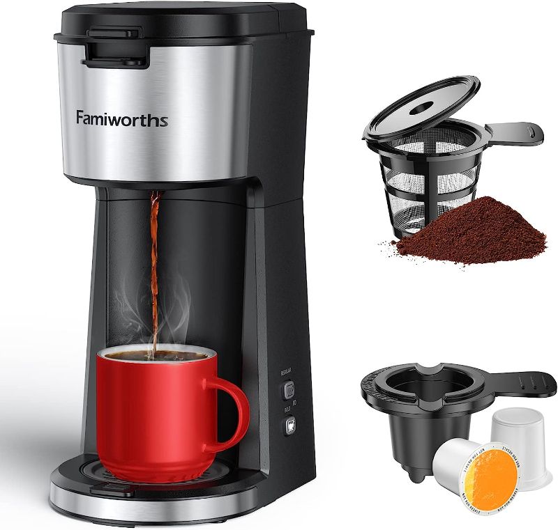 Photo 1 of Famiworths Single Serve Coffee Maker for K Cup & Ground Coffee, With Bold Brew, One Cup Coffee Maker, 6 to 14 oz. Brew Sizes, Fits Travel Mug, Classic Black