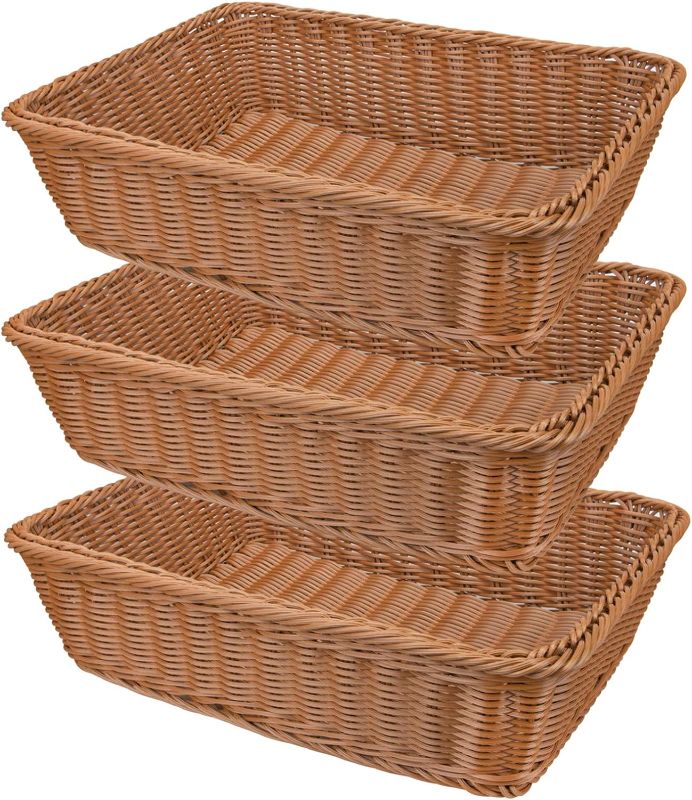 Photo 1 of Yarlung 3 Pack Imitation Rattan Woven Bread Baskets, 11.8 Inch Poly Wicker Fruit Baskets for Food Serving, Display, Vegetables, Home Kitchen, Restaurant, Outdoor, Brown Rectangular