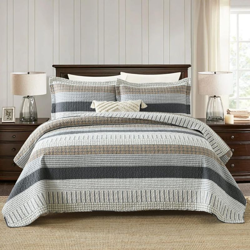 Photo 1 of Finlonte Quilt Queen Size, Queen Quilt Set, Cotton Quilt, Grey Striped Queen Quilt Bedding Set Bedspreads, Reversible Lightweight Quilt Bedspread Set for All Season, 3-Piece