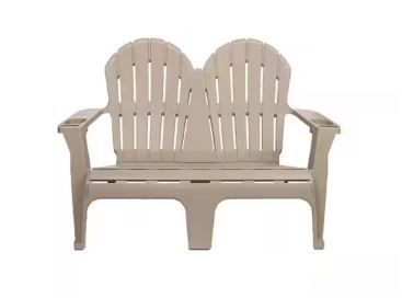 Photo 1 of 54 in. Putty Beige Plastic 2-Person Outdoor Adirondack Bench with Phone and Cup Holders
