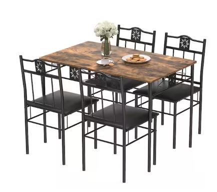 Photo 1 of 5-Piece Dining Table Set Wooden Kitchen Table 1 Table 4 Chairs Metal Legs, Rectangular Dining Table Sets?42.1"L, Brown
