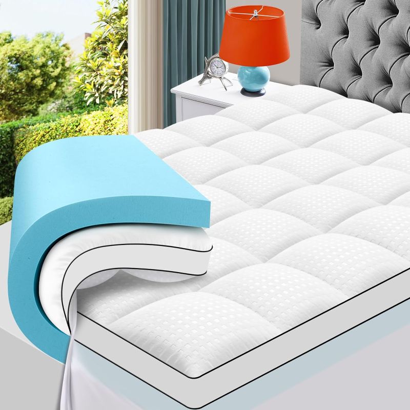 Photo 1 of MASVIS King Size Dual Layer 4 Inch Memory Foam Mattress Topper, 2 Inch Gel Memory Foam and 2 Inch Cooling Pillow Top Mattress Pad Cover for Back Pain, Medium Support King 2"Memory Foam+2"Mattress Topper