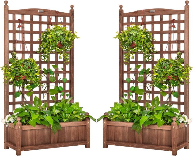 Photo 1 of VIVOHOME 2 Packs Wood Planter Raised Garden Bed with Trellis, 48 Inch Height Outdoor Garden Flower Standing Planter Box Lattice Panels with Planter for Patio Porch w/Drainage Holes
