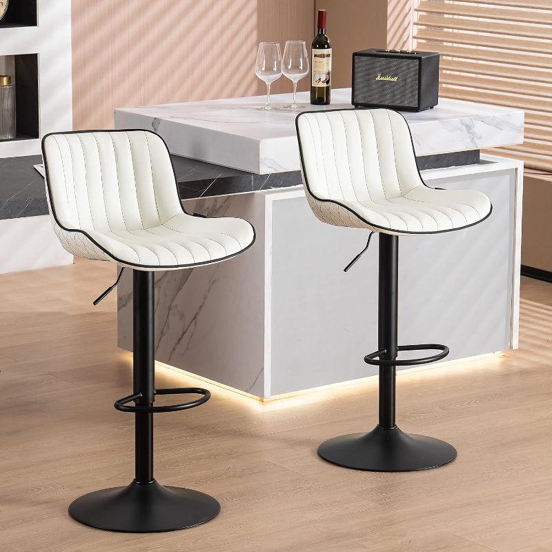 Photo 1 of YOUNUOKE White Upholstered Bar Stools Set of 2 Counter Height Modern Adjustable Swivel Bar Chairs with Backs Mid Century PU Leather Padded Barstool for Home Kitchen Island
