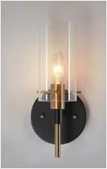 Photo 1 of Modern 1-Light Brass Gold Wall Sconce, Black Vanity Light with Open Cylinder Clear Glass Shades Wall Light
