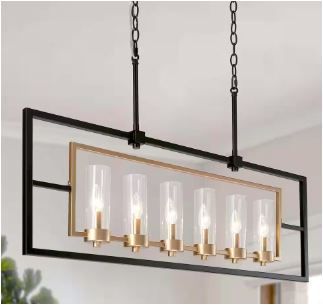 Photo 1 of Transitional Rectangle Island Chandelier 37.4 6-Light Large Modern Black and Gold Chandelier with Clear Glass Shades
