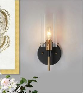 Photo 1 of Modern 1-Light Brass Gold Wall Sconce, Black Vanity Light with Open Cylinder Clear Glass Shades Wall Light
