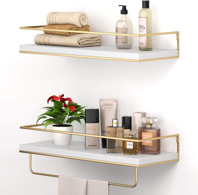 Photo 1 of Shario White Floating Shelves - Set of 2, Wall Mounted Hanging Shelves with Golden Towel Rack, Decorative Storage Shelves for Bathroom, Kitchen, Living Room & Bedroom (White)
