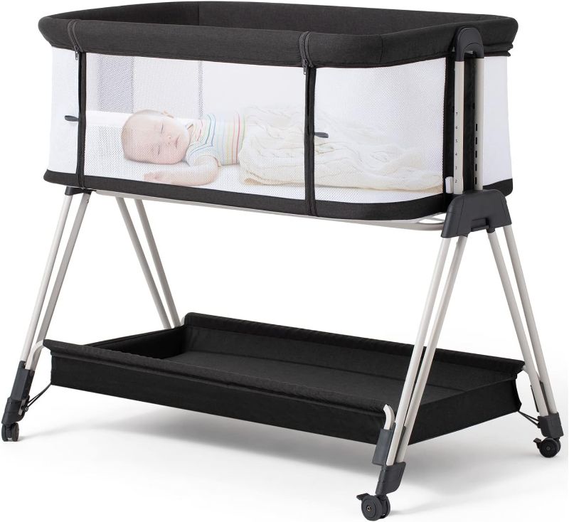 Photo 1 of Fodoss Baby Bassinet Bedside Sleeper with Wheels and Storage Tray,4-Sided Mesh Bedside Bassinet Co Sleeper for Infant/Newborn,7 Height Adjustable Easy Folding Bedside Crib
