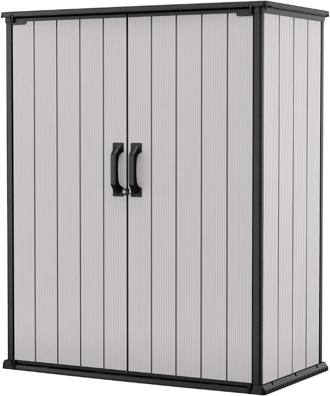 Photo 1 of Keter Premier Tall 4.6 x 5.6 ft. Resin Outdoor Storage Shed with Shelving Brackets for Patio Furniture, Pool Accessories, and Bikes, Grey & Black
