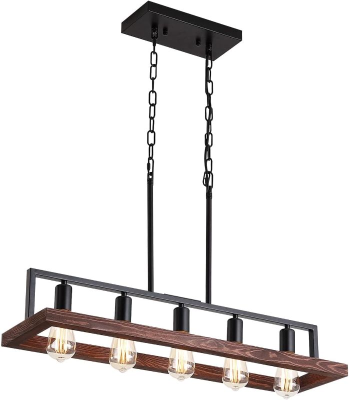Photo 1 of Fivess Lighting5-Light Industrial Rustic Kitchen Island Lighting, Black Wood and Metal Linear Chandelier, Farmhouse Pendant Light Fixture for Kitchen Island Dining Room, Black