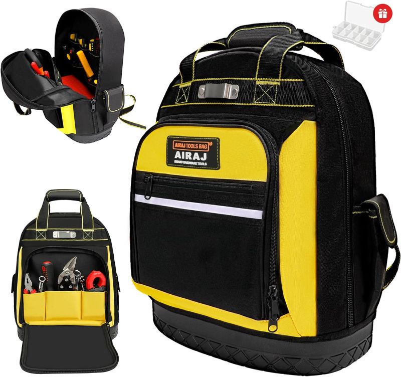 Photo 1 of AIRAJ 16" Tool Backpack Bag for Men,Heavy Duty Waterproof Tools Organizer Bag with Molded Base,Perfect Storage & Organization with One Big Area for Industrial & Construction Work,Black-Yellow
