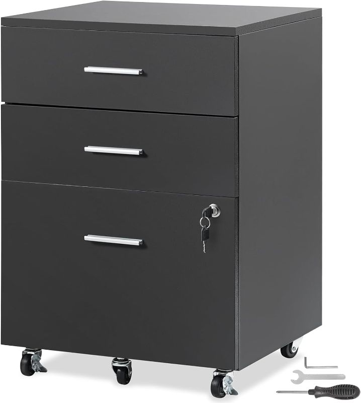 Photo 1 of VEVOR File Cabinet, 3-Drawer Wood Filing Cabinet, Locking Office Cabinet for Letter/A4 Size, File Cabinet with 5 Wheels for Home Office, Black
