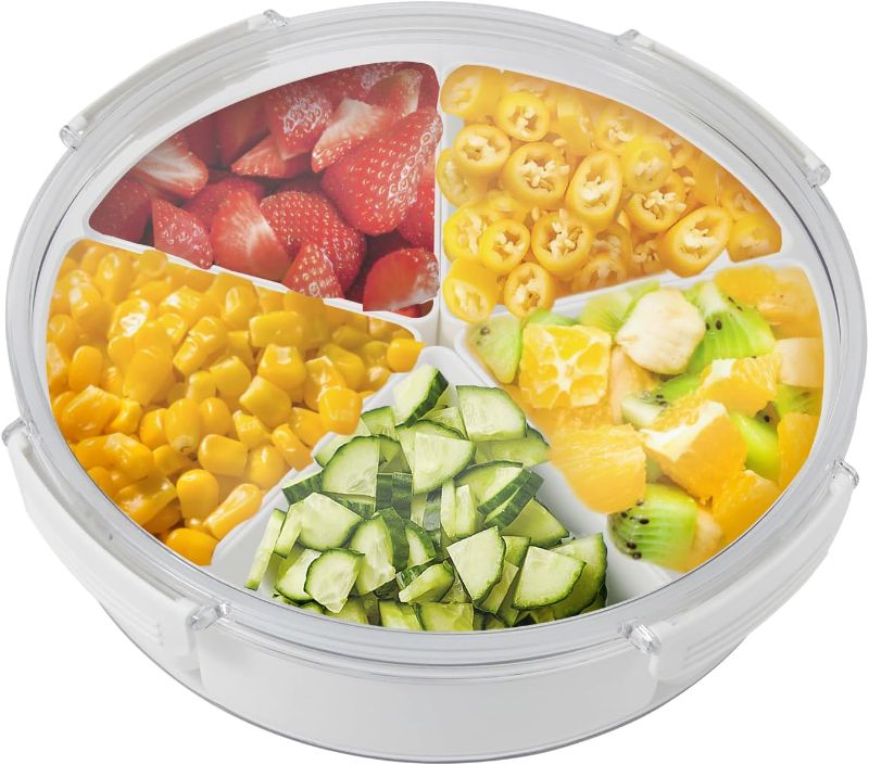 Photo 1 of Veggie Tray With Lid - Divided Serving Tray with 5 Compartments, Plastic Party Platter, Fruit & Veggie Tray, Snack Box, Chip and Dip Bowl, Appetizers Container, Fridge Organizer - Round
