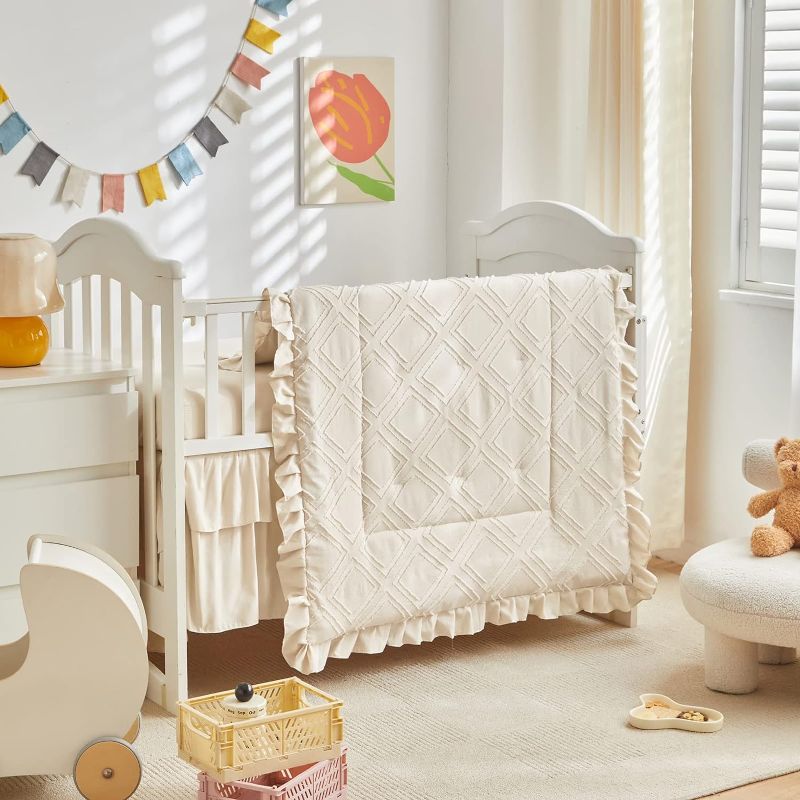 Photo 1 of Tufted Ruffle Crib Bedding Set 3 Pieces Baby Boho Quilted Comforter with Fitted Sheet and Bed Skirt - Cute Ruffled Shabby Chic Baby Bedding Soft Blanket Design Cream White Cream Crib Bedding Set