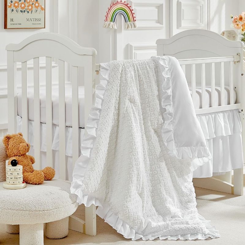 Photo 1 of Tufted Ruffle Crib Bedding Set 3 Pieces Baby Boho Quilted Comforter with Fitted Sheet and Bed Skirt - Cute Ruffled Shabby Chic Baby Bedding Soft Blanket Design Cream White Cream Crib Bedding Set
