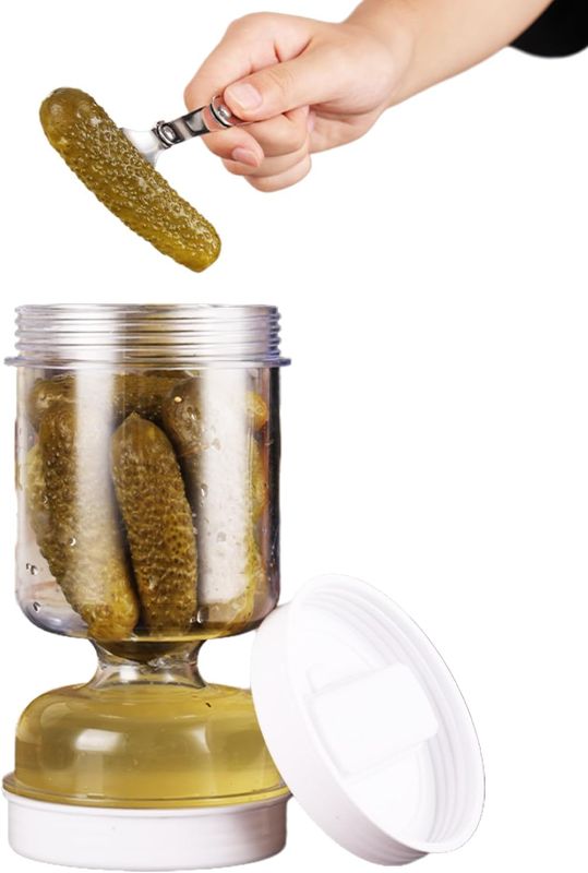 Photo 1 of Pickle Jar with Strainer Flip and Stainless Steel Fork, Olive and Pickle Strainer Jar 34oz Double Leak proof Airtight Olive Hourglass Container, Olive Strainer Jar for olive Pickle Juice Separator
