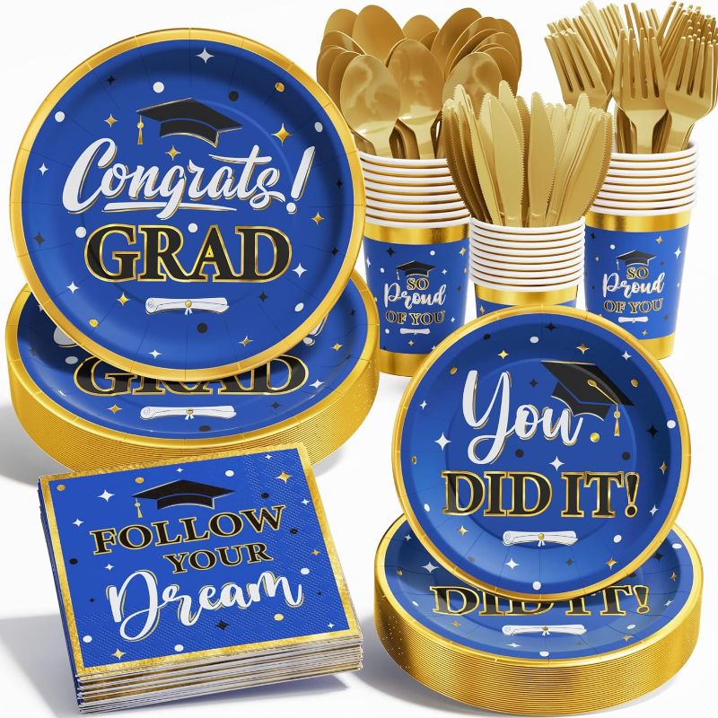 Photo 1 of Ecomore Graduation Decorations Class of 2024, 175PCS Graduation Party Supplies Disposable Dinnerware(Serve 25) with Paper Plates Cup Napkin Fork Knife Spoon College High School Grad Decor(Blue & Gold)

