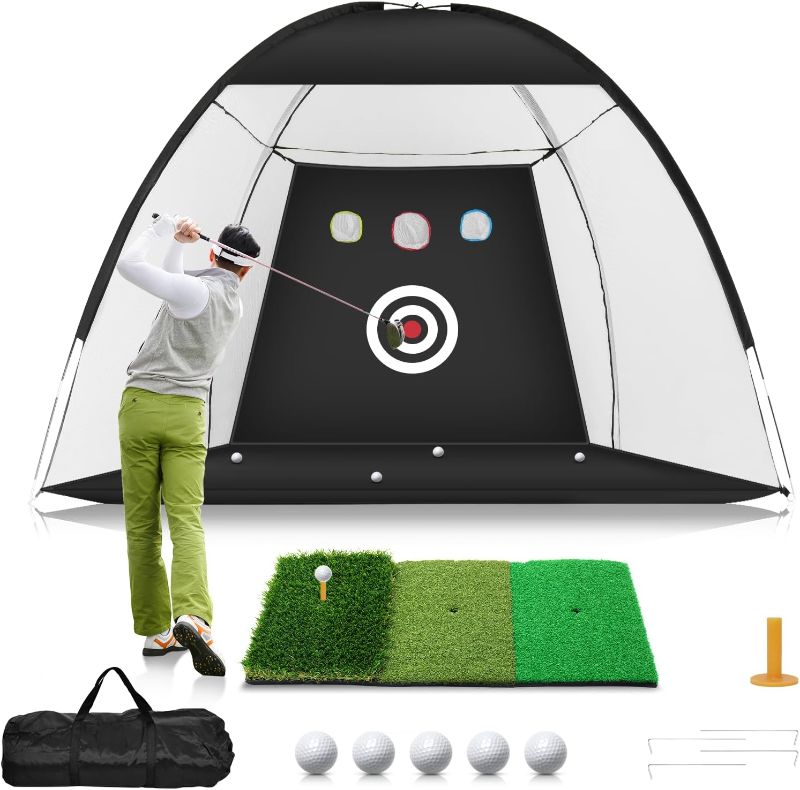 Photo 1 of Golf Net, 10x7ft Golf Practice Net with Tri-Turf Golf Mat, All in 1 Home Golf Hitting Aid Nets for Backyard Driving Chipping Swing Training with Target/Mat/Balls/Tee/Bag - Gift for Men/Golf Lovers
